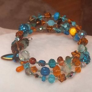 Pretty Czech beaded bracelet with crystals on memory wire in turquoise …
